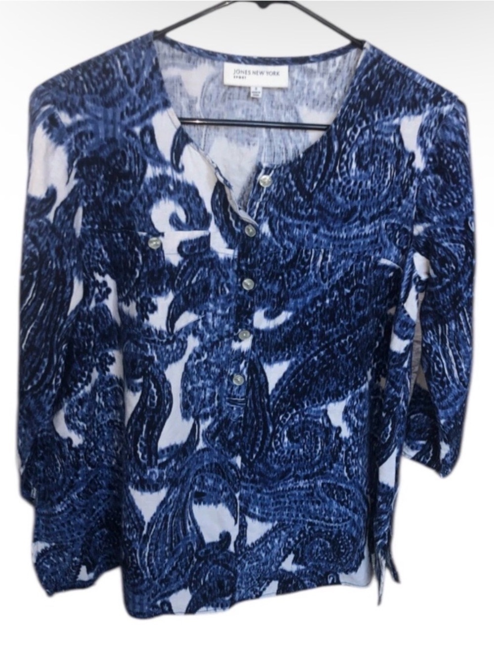 Jones New York Navy and White Printed Button-Front Top - Picture 2 of 5